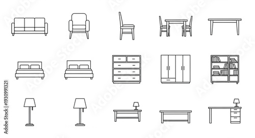 Collection of Hand Drawn Furniture Icons for Interior Design.