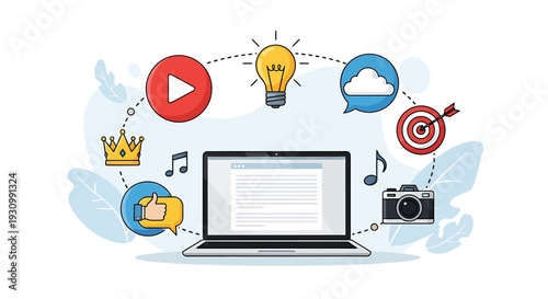 Laptop Surrounded by Creative Icons and Symbols.