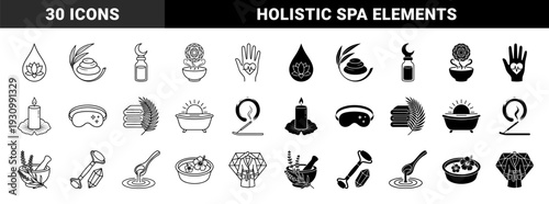 Minimalist holistic wellness and spiritual spa icons featuring hybrid symbols of lotus water drops zen stones moon bottles and medicinal herbs