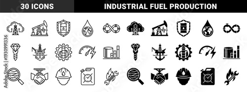 Petroleum Industry Hybrid Icons Featuring Oil Rig Cloud Pump Jack Pulse Shield Barrel Globe Drop Infinity Pipe Drill Diamond Anchor Refinery Gear