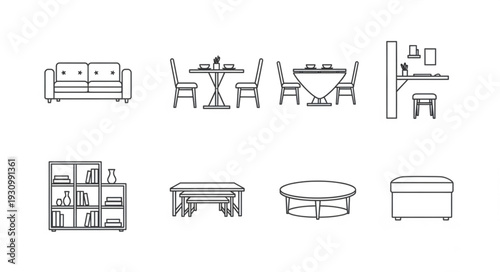 Collection of hand drawn furniture sketches for interior design.