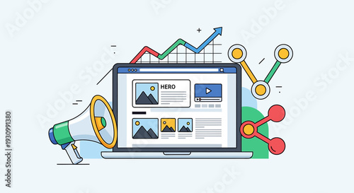 Laptop with website on screen and graphs.