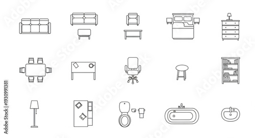 Collection of hand drawn furniture icons for interior design.