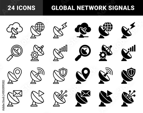 Satellite dish communication symbols merging parabolic antennas with cloud computing global network data signals and security shield metaphors in hybrid style
