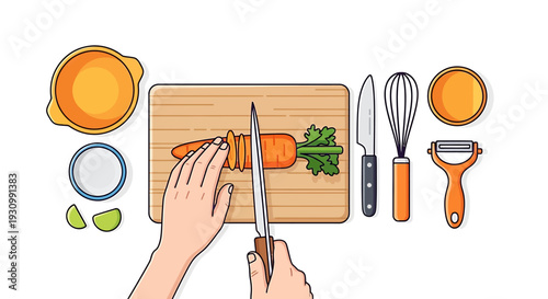 Hands Chopping Carrot on Cutting Board.