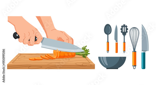 Hands Chopping Carrot with Sharp Knife.