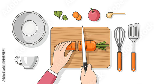 Hands Cutting Carrot on Wooden Board.