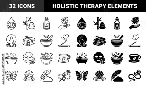 Collection of minimalist wellness and spa hybrid symbols combining organic elements with lifestyle objects in both line and solid fill styles