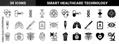 Biotechnology and digital medicine hybrid symbols featuring neural circuitry brain DNA strands electronic stethoscope and smart pharmaceutical data tracking