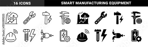 Industrial manufacturing and energy management icons featuring hybrid designs merging tools with digital connectivity and power generation symbols