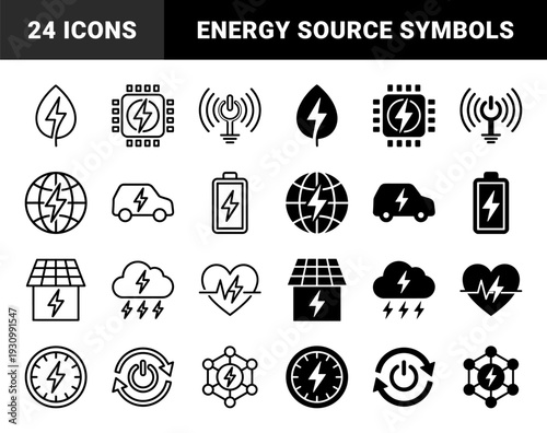 Energy management and power source hybrid symbols combining electricity lightning bolt with renewable ecology technology and smart grid charging elements