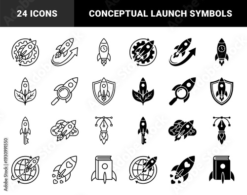 Hybrid rocket ship symbols merging space flight with business growth concepts like strategy protection education and global connectivity in line and solid styles
