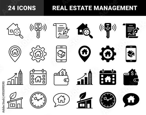 Comprehensive real estate and property management icon set featuring hybrid designs of houses merged with magnifying glasses gears clocks and wallets