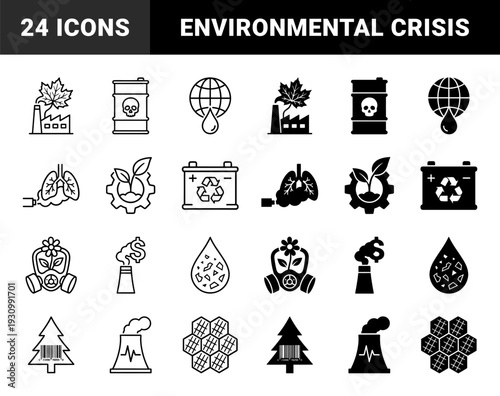 Ecological crisis and industrial pollution hybrid icons featuring factory smoke maple leaf barrel skull lung spray gear sprout and carbon dioxide analysis