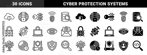 Cybersecurity and digital protection hybrid icons featuring encrypted data clouds biometric fingerprint access and secure network infrastructure elements
