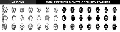 Smartwatch Interface Symbols Featuring Hybrid Wearable Technology Designs with Integrated Health Monitoring Biometrics and Digital Finance Functionality
