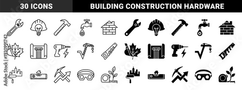 Construction and architecture hybrid icons merging industrial tools with natural elements and urban building structures in linear and solid styles