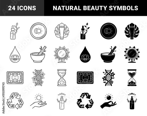 Natural Skincare and Holistic Beauty Symbols featuring Organic Hybrid Elements like Botanicals Merged with Laboratory Droppers DNA Helixes and Hourglass Timers