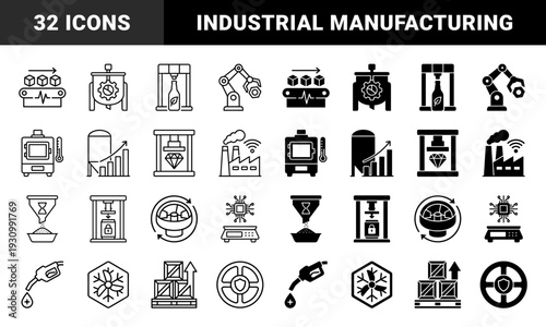 Industrial Manufacturing and Automated Production Line Icons Featuring Hybrid Symbols for Smart Factory Processing Logistics and Heavy Machinery