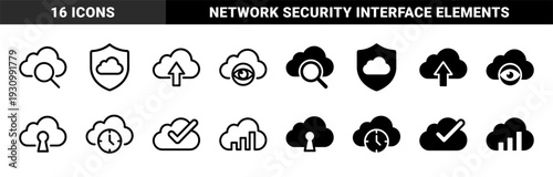 Cloud computing data management hybrid icons featuring integrated search shield upload eye lock clock check and bar graph symbols in outline and solid styles