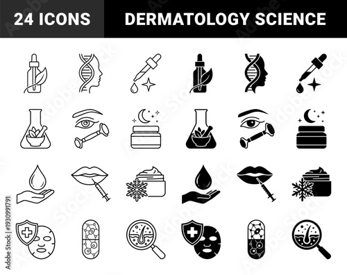 Skincare and dermatology hybrid symbols combining organic botanical elements with scientific laboratory research tools in outline and solid styles