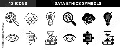 Hybrid Artificial Intelligence and Data Ethics Icons Featuring Neural Network Magnifier Cloud Computing Gear Digital Idea Bulb and Algorithmic Logic Scales