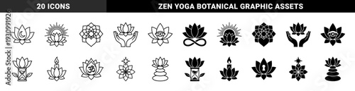 Minimalist lotus flower hybrid symbols combining spiritual elements like moon infinity sign third eye hourglass candle and om for yoga and meditation branding