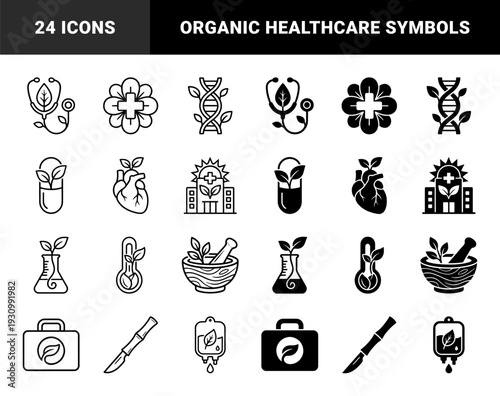 Natural medicine and holistic healthcare icons merging organic leaf motifs with clinical medical tools like stethoscope syringe and dna strand