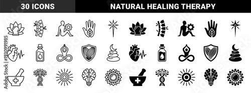 Holistic wellness and alternative medicine symbols merging organic elements with human anatomy through minimalist line and solid glyph styles