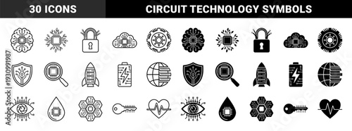 Hybrid technology icons merging digital elements with organic forms featuring circuit brain cloud server rocket and biometric eye in outline and solid styles
