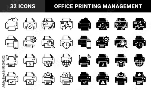 Collection of printer hybrid symbols combining hardware with cloud storage security mobile connectivity green printing and global network data features