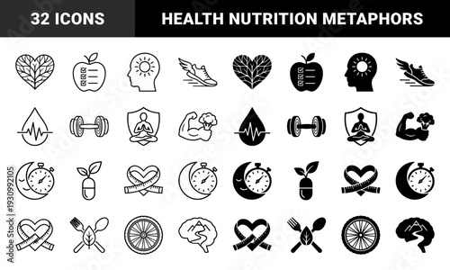 Lifestyle and wellness concept symbols featuring hybrid metaphors combining health elements like muscle broccoli heart leaves and brain mountains in outline and solid styles