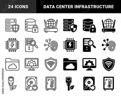 Data center infrastructure and network security symbols featuring hybrid server shields database locks and green energy ethernet cable connections