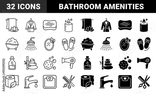 Wellness and Spa Care Hybrid Symbols Featuring Dual Line and Solid Styles with Botanical Elements for Bathroom Amenities and Personal Hygiene