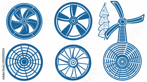 Assortment of diverse circular graphic illustrations, including fans, turbine, and a sailing ship