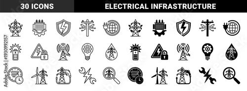 Electrical Power Grid Infrastructure and Renewable Energy Hybrid Icons Featuring Transmission Towers Merged with Leaf Gear Shield and Battery Symbols