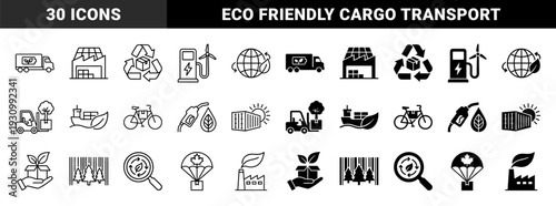 Sustainable Logistics and Green Supply Chain Management Hybrid Icons Featuring Eco Friendly Transport Cargo Shipping Renewable Energy and Carbon Neutral Delivery Solutions