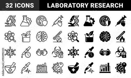 Biotechnology and laboratory science symbols featuring hybrid conceptual designs merging medical equipment with molecular biology and research metaphors