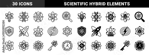 Scientific hybrid atomic symbols merging nuclear energy with biology medicine technology and engineering concepts in a minimal linear and solid style