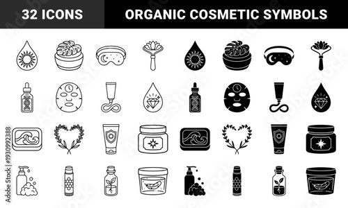 Skincare product icons featuring organic botanical hybrids and cosmetic packaging symbols with sun protection and natural ingredient metaphors