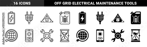Hybrid energy and sustainability symbol set featuring power plug solar panels tent battery fuel canister and globe with electrical cable design