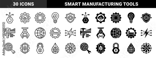 Industrial Smart Manufacturing Hybrid Icons Featuring Integrated Circuitry With Mechanical Gears Hardware Tools And Sustainable Energy Symbols