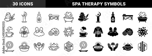 Wellness and holistic therapy icons featuring hybrid symbols like moon candles and heart steam tubs in both line and solid graphic styles