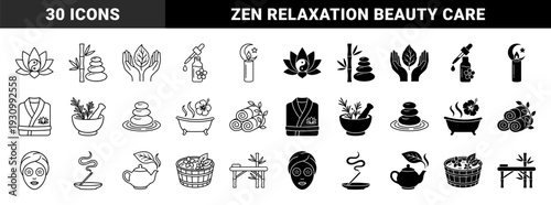 Wellness and Spa symbols featuring hybrid designs of zen stones with bamboo stalks and lotus flowers merged with yin yang balance motifs in dual outline and solid styles