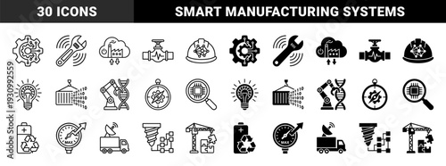 Industrial hybrid symbols merging manufacturing and technology featuring smart factory cloud sensors robotic dna engineering and renewable energy management