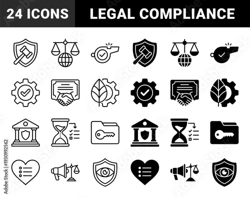 Ethical Compliance and Legal Governance Hybrid Symbols Featuring Justice Scales Globe Whistleblower Signal Gavel Shield and Sustainable Policy Gear