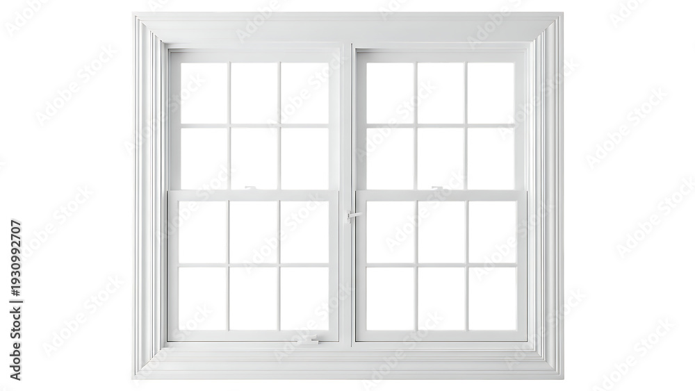 Obraz premium A modern white-framed double-hung window with six panes per sash. isolated on transparent background