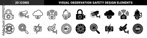Surveillance and digital security symbols merging camera lenses with padlocks cloud storage globes and magnifying glasses in outline and solid styles