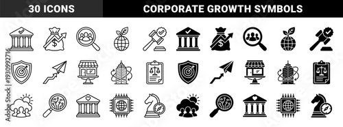 Hybrid business and corporate strategy symbols featuring dual outline and solid styles for financial growth global ethics and strategic management