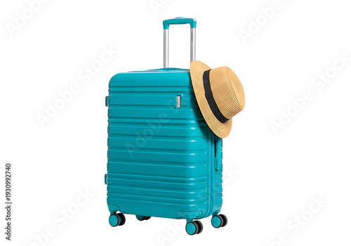 A teal suitcase with a straw hat resting on top of it against a plain background isolated on transparent background